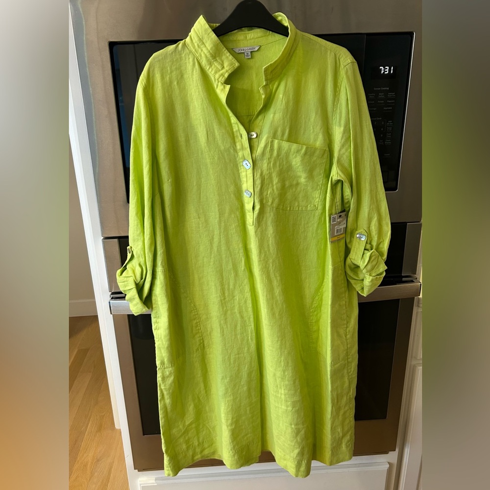 John Mark Linen Dress M Roll Tab Sleeve Wire Collar Button Placket Pockets Green